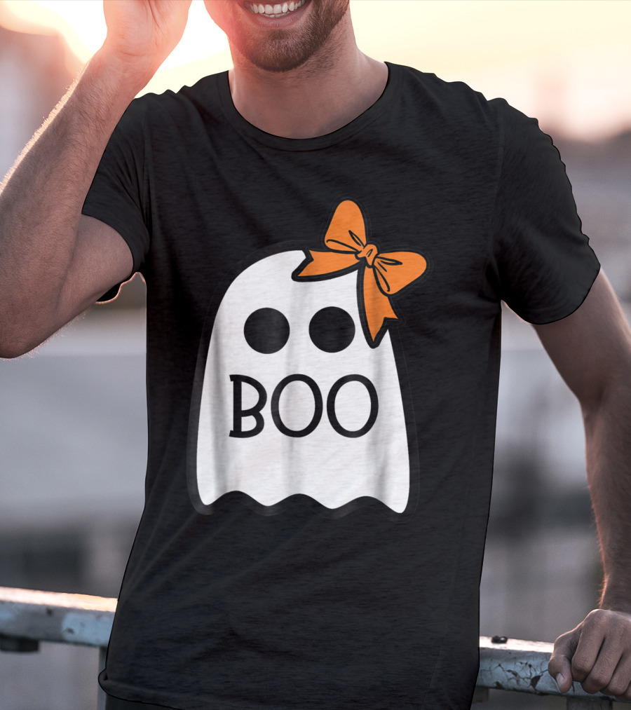 Cute Ghost Boo With Orange Bow For Halloween T-Shirt
