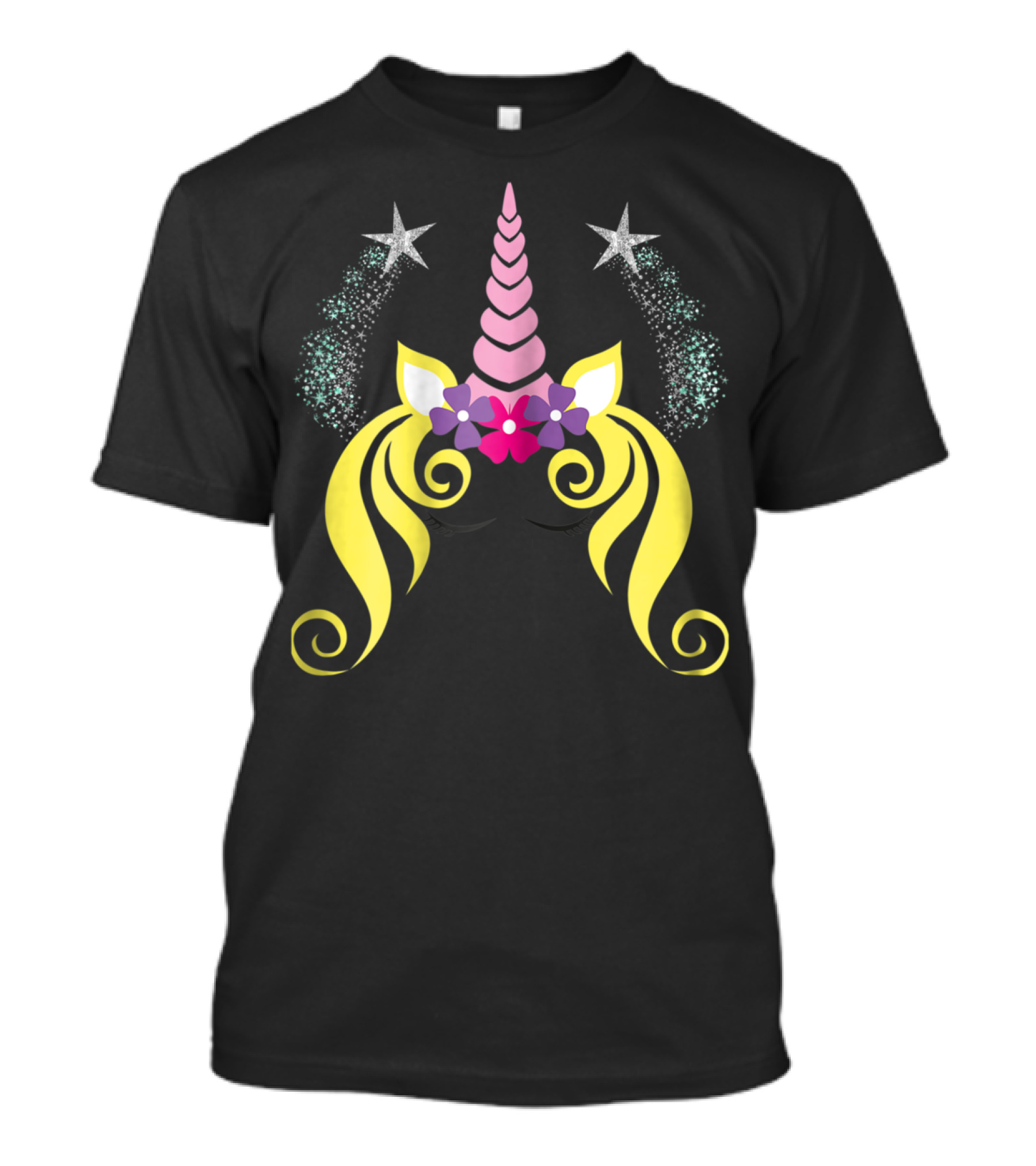 Floral Unicorn Face With Sparkling Stars Birthday T-Shirt