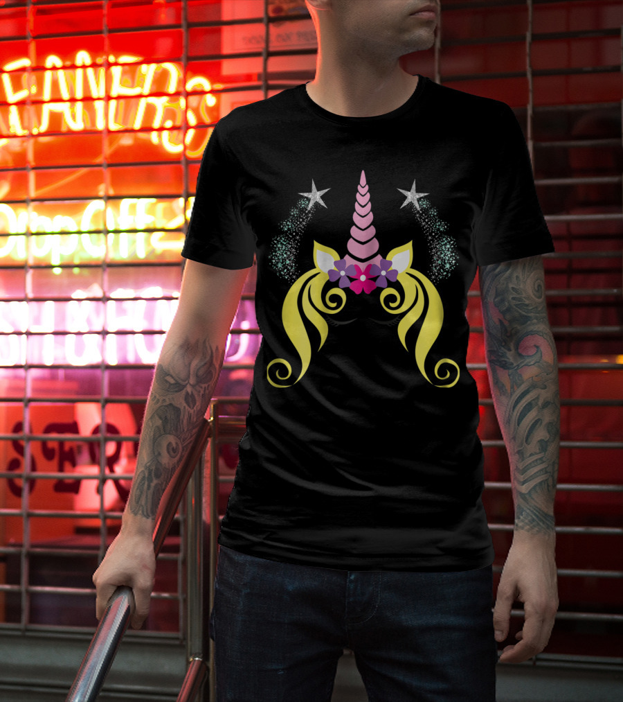 Floral Unicorn Face With Sparkling Stars Birthday T-Shirt