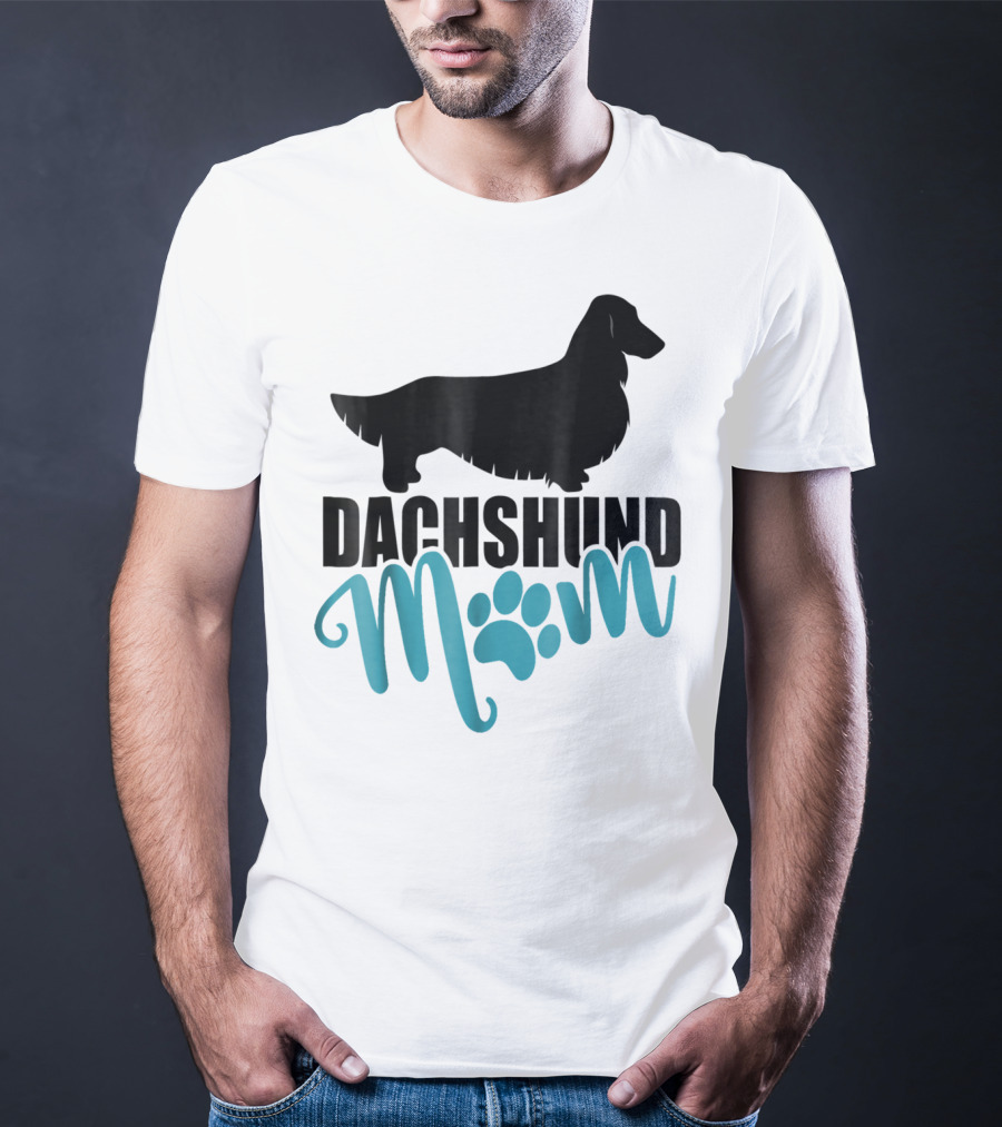 Dachshund Mom Longhair Silhouette With Blue Pawprint Accent T-Shirt