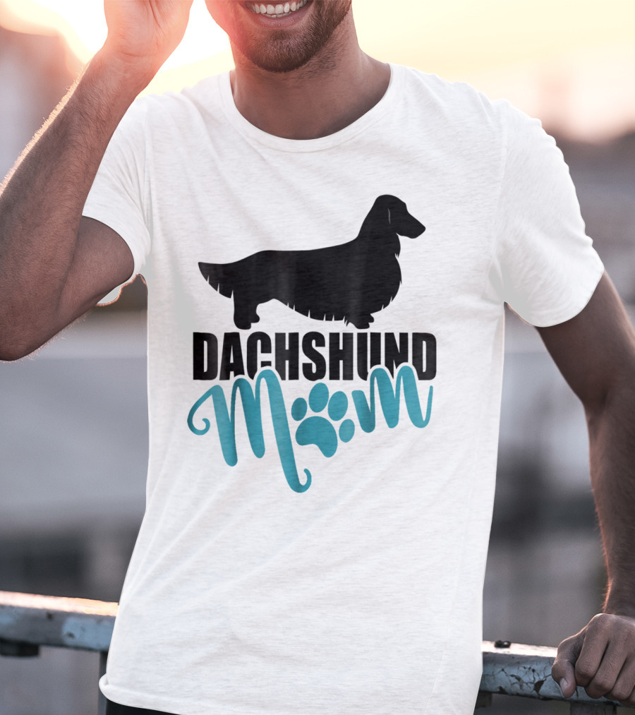 Dachshund Mom Longhair Silhouette With Blue Pawprint Accent T-Shirt