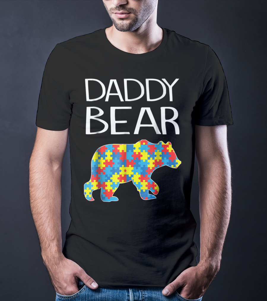 Daddy Bear Autism Puzzle Pattern Child Dad T-Shirt