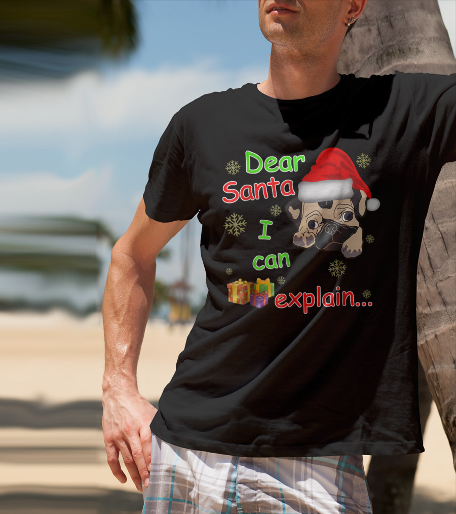 Dear Santa I Can Explain Pug In Santa Hat With Snowflakes And Presents T-Shirt
