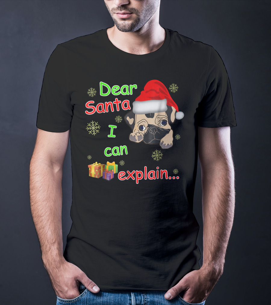 Dear Santa I Can Explain Pug In Santa Hat With Snowflakes And Presents T-Shirt