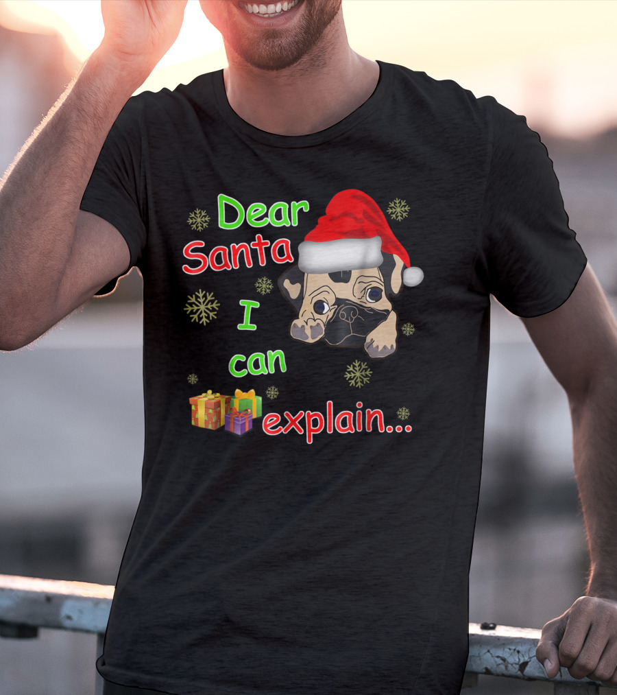 Dear Santa I Can Explain Pug In Santa Hat With Snowflakes And Presents T-Shirt