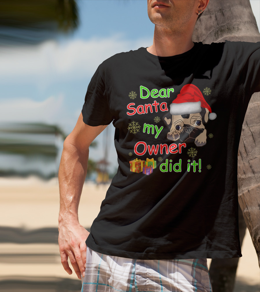 Dear Santa My Owner Did It Pug Santa Hat Snowflakes Presents T-Shirt