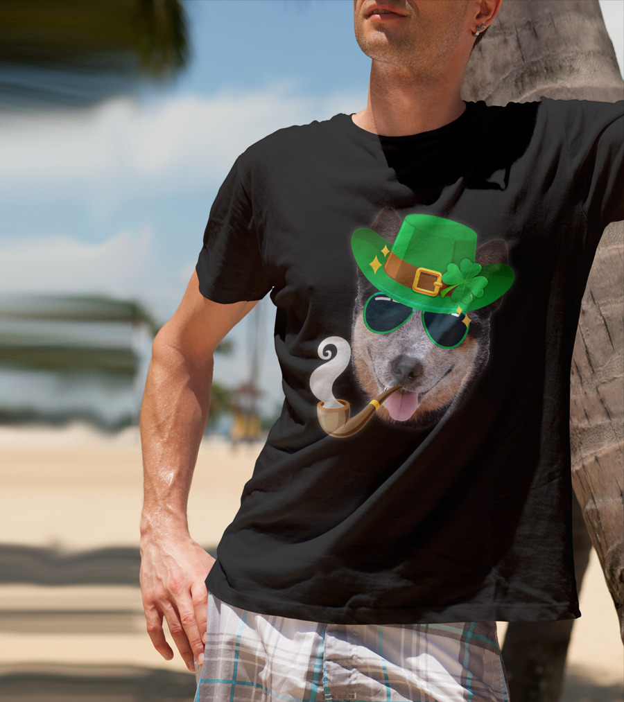Australian Cattle Dog Leprechaun With Pipe And Shamrock Hat T-Shirt
