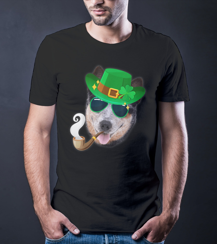 Australian Cattle Dog Leprechaun With Pipe And Shamrock Hat T-Shirt