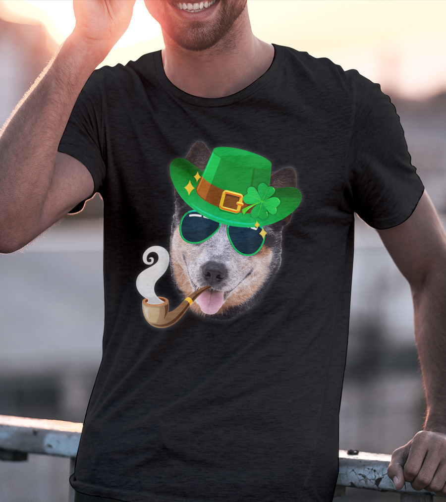 Australian Cattle Dog Leprechaun With Pipe And Shamrock Hat T-Shirt