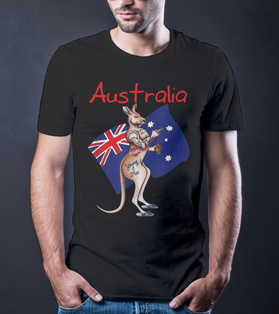 Australia Tattooed Kangaroo Young And Free Flag T-Shirt