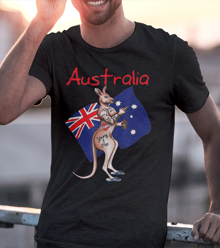 Australia Tattooed Kangaroo Young And Free Flag T-Shirt