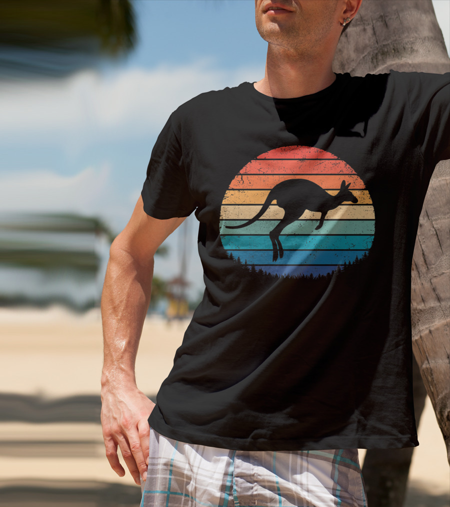 Australia Kangaroo Vintage Sunset Forest Silhouette Retro Stripes T-Shirt