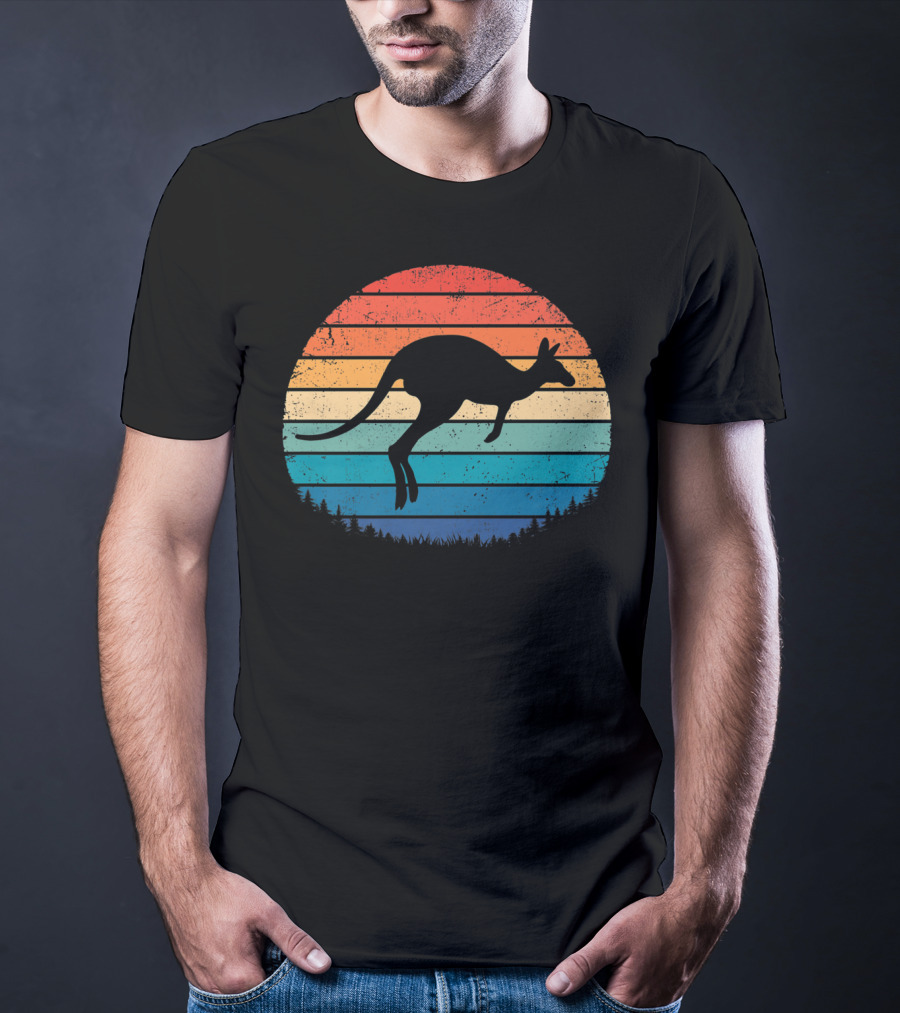 Australia Kangaroo Vintage Sunset Forest Silhouette Retro Stripes T-Shirt