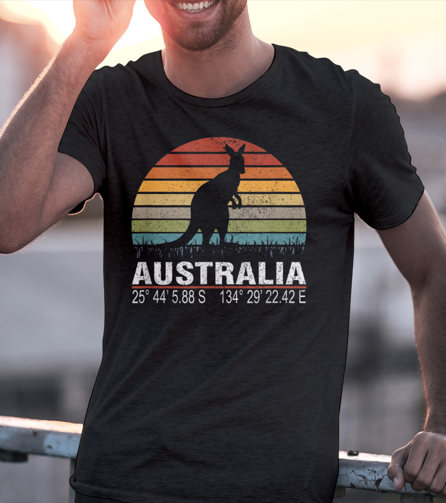 Australia Retro Kangaroo Silhouette Sunset With GPS Coordinates T-Shirt