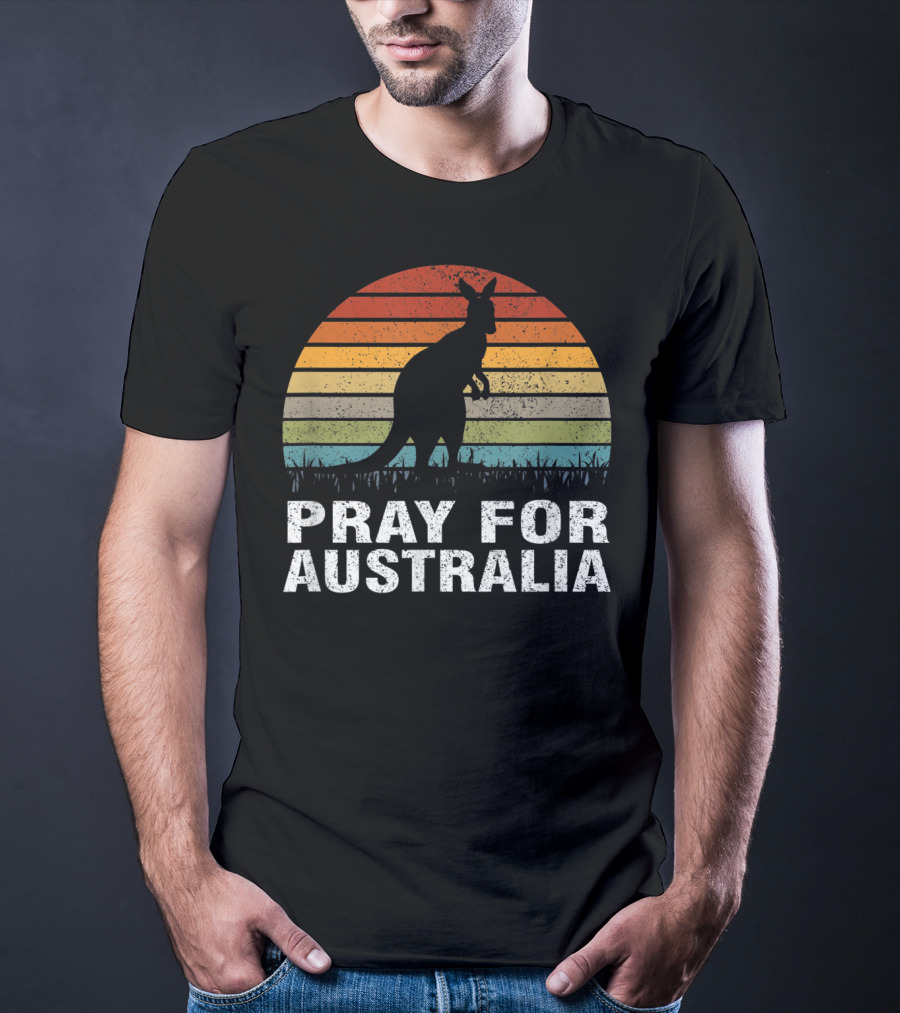 Retro Sun Stripes Kangaroo Silhouette Pray For Australia T-Shirt
