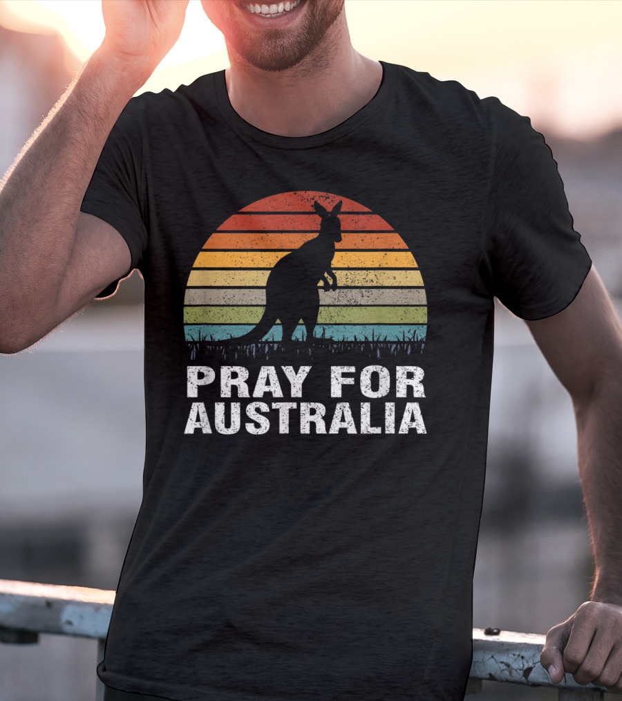 Retro Sun Stripes Kangaroo Silhouette Pray For Australia T-Shirt