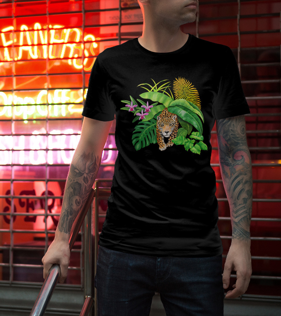 Jaguar Amongst Amazonas Foliage With Orchid Flowers Australia Animal Print Cat T-Shirt