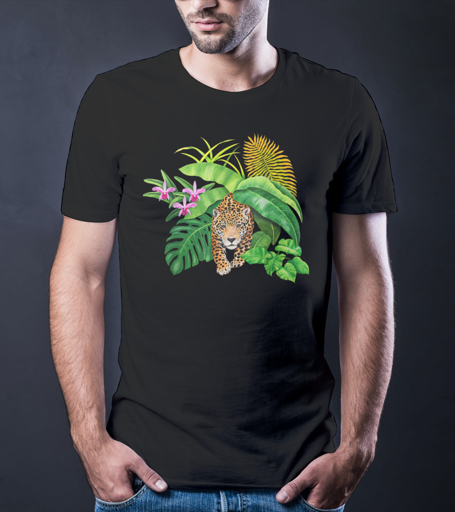 Jaguar Amongst Amazonas Foliage With Orchid Flowers Australia Animal Print Cat T-Shirt