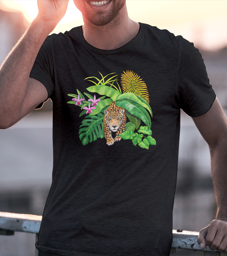 Jaguar Amongst Amazonas Foliage With Orchid Flowers Australia Animal Print Cat T-Shirt