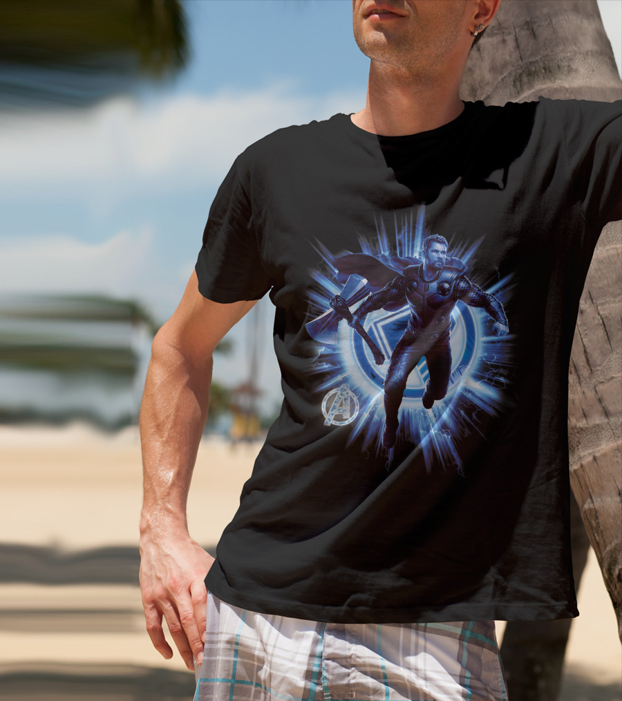 Thor Avengers Endgame Blast With Axe And Blue Lightning Background T-Shirt