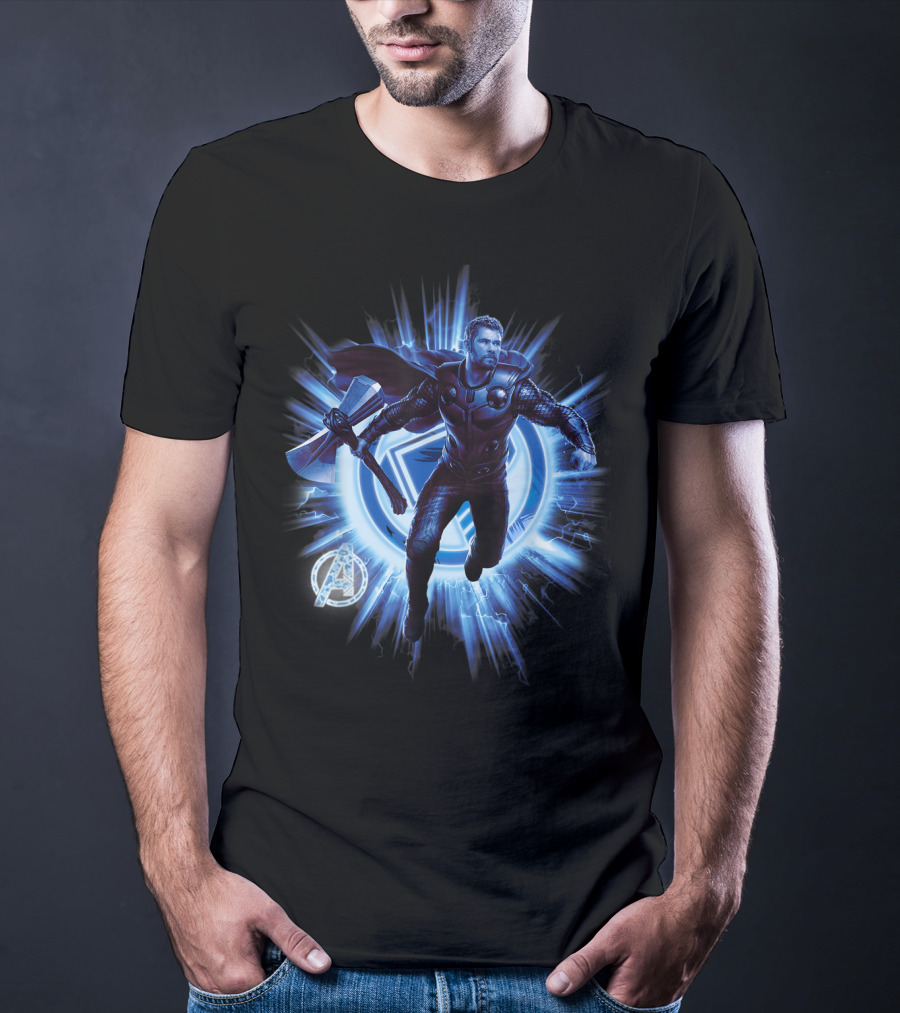 Thor Avengers Endgame Blast With Axe And Blue Lightning Background T-Shirt
