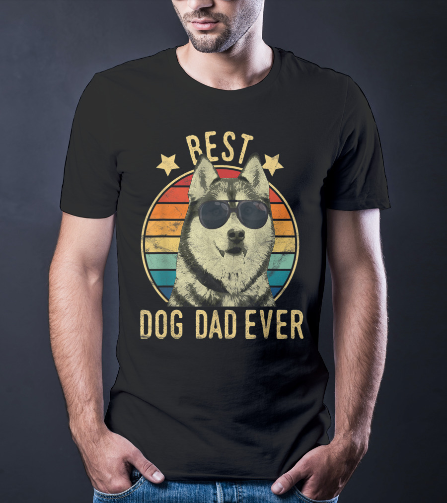 Mens Best Dog Dad Ever Siberian Husky Wearing Sunglasses T-Shirt