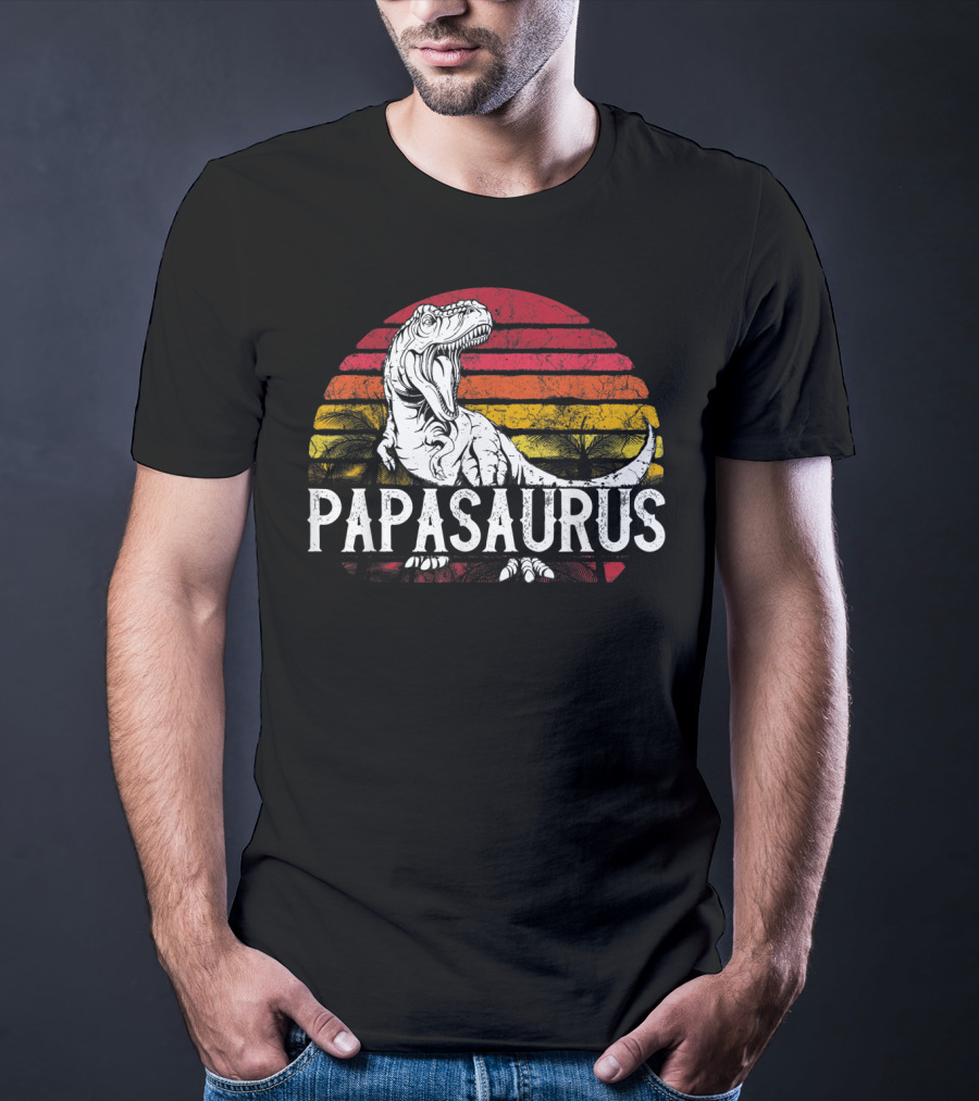 Mens Father's Day Papasaurus Dinosaur Retro Sunset T-Shirt