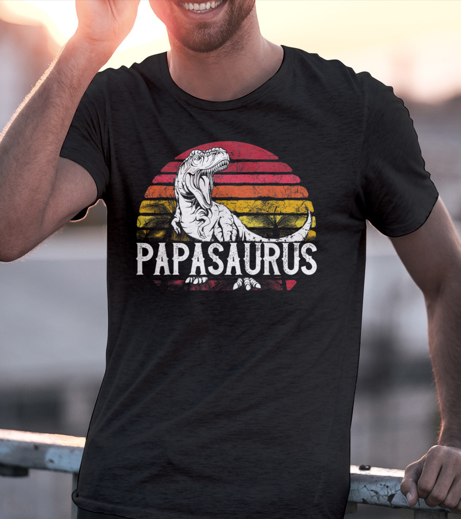 Mens Father's Day Papasaurus Dinosaur Retro Sunset T-Shirt