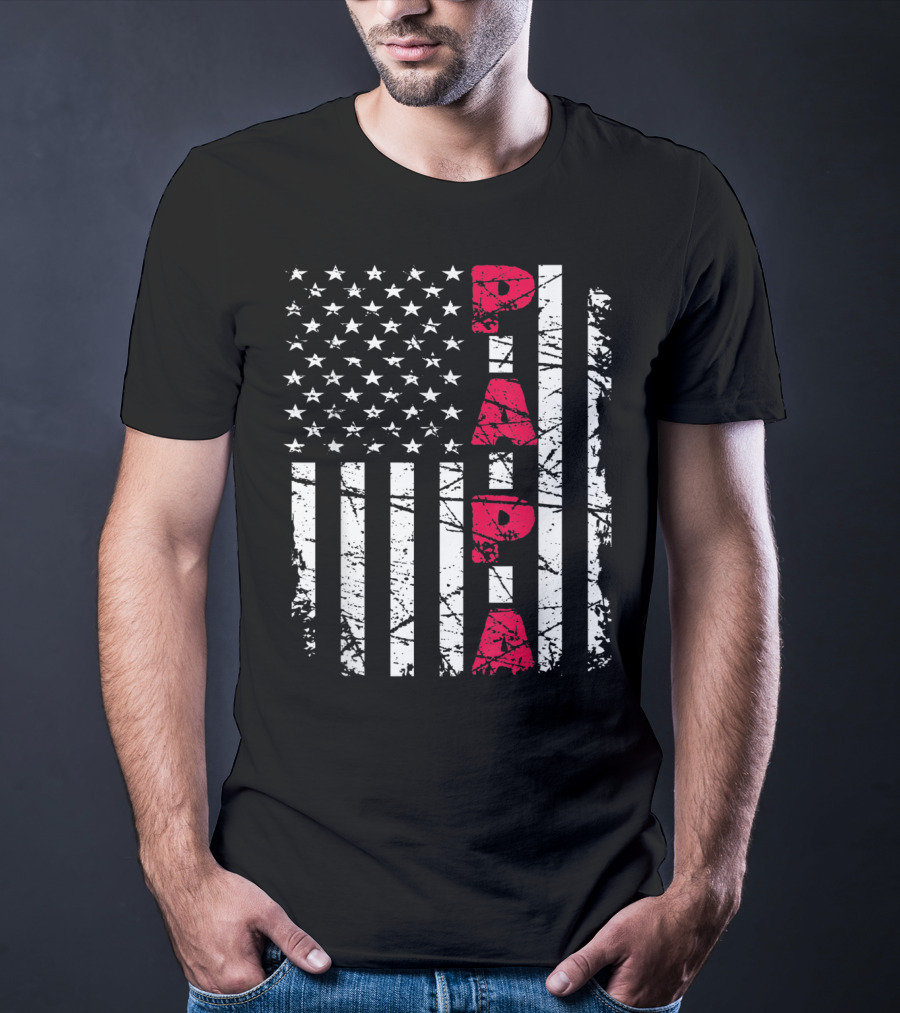Mens Proud Papa American Flag Christmas Husban T-Shirt