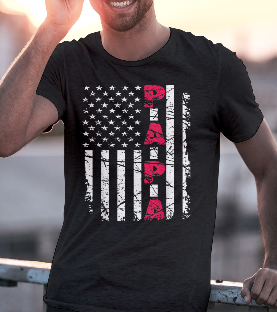 Mens Proud Papa American Flag Christmas Husban T-Shirt