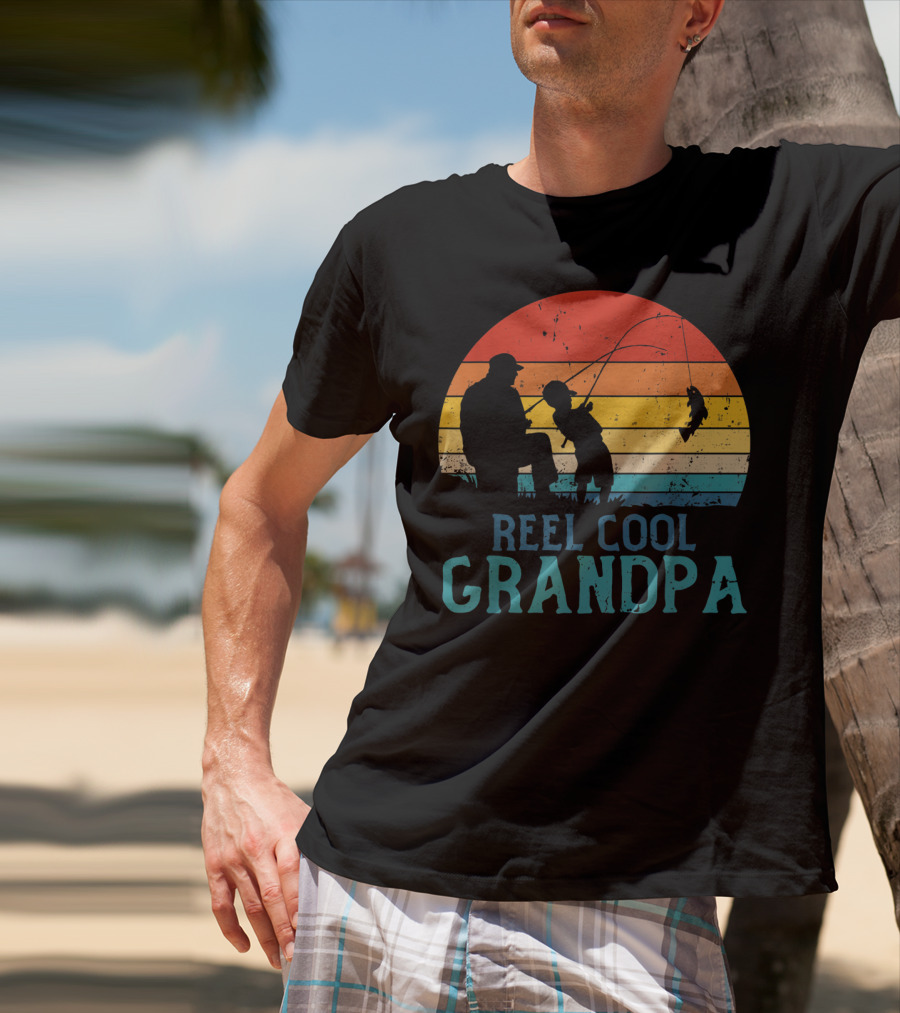 Reel Cool Grandpa Fishing Father's Day Grandfather Retro Sunset T-Shirt