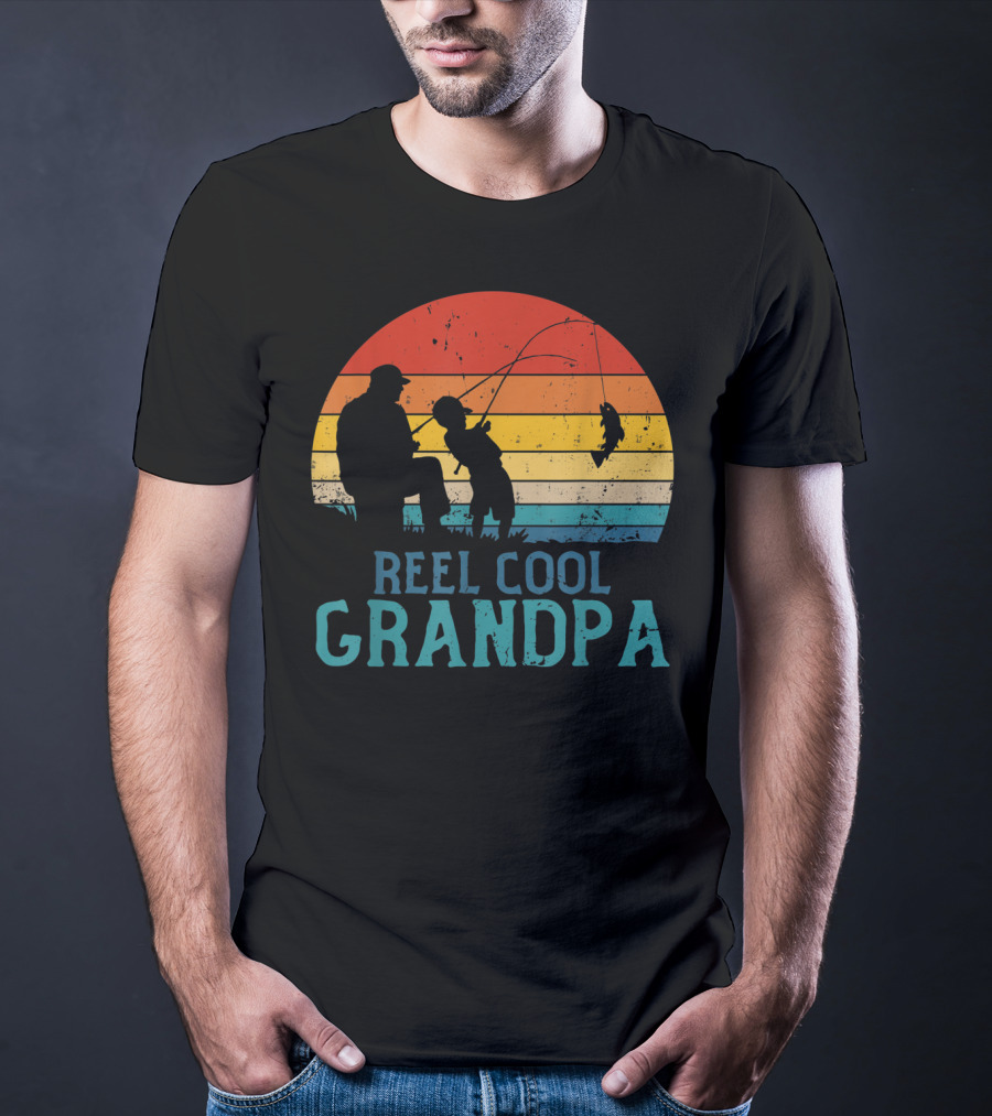 Reel Cool Grandpa Fishing Father's Day Grandfather Retro Sunset T-Shirt