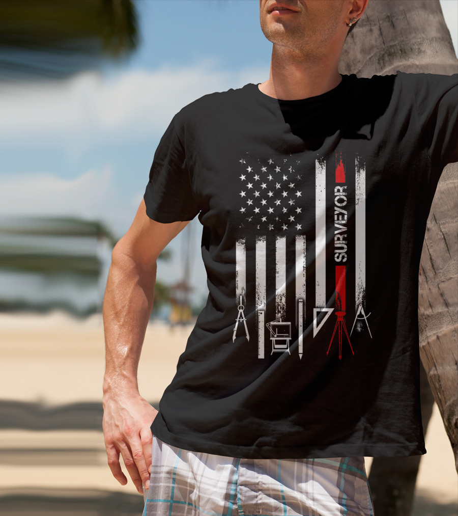 Surveyor American Flag With Tools And Compass Elements T-Shirt