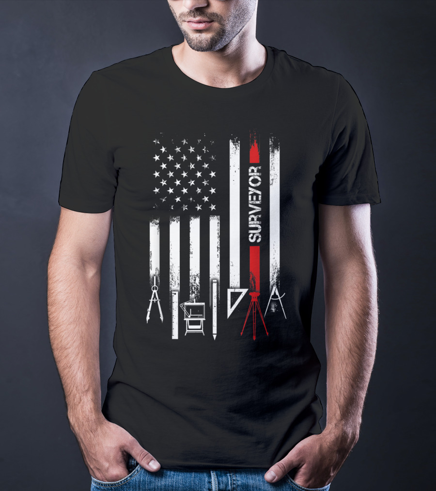 Surveyor American Flag With Tools And Compass Elements T-Shirt
