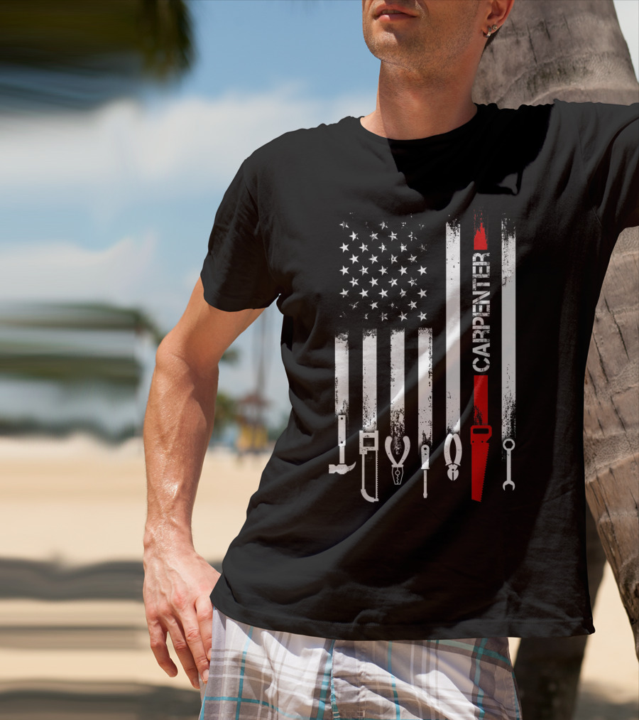 American Flag Carpenter Tools Vertical Stripes Saw Wrench Pliers Hammer T-Shirt