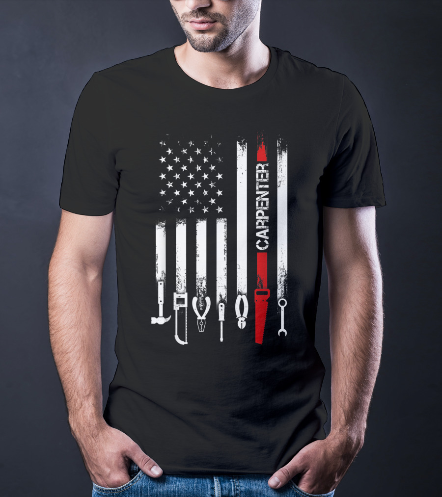 American Flag Carpenter Tools Vertical Stripes Saw Wrench Pliers Hammer T-Shirt