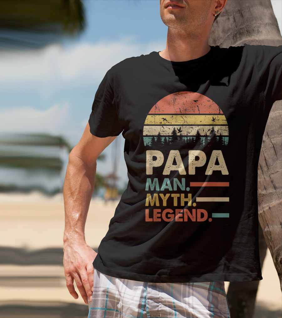 Papa Man Myth Legend Vintage Mens Dad Yx Retro Sunset Forest Birds T-Shirt