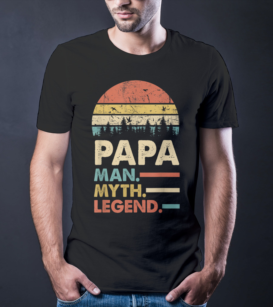 Papa Man Myth Legend Vintage Mens Dad Yx Retro Sunset Forest Birds T-Shirt