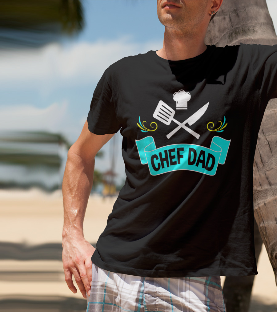 Chef Dad Cooking Daddy Banner With Chef Hat And Cooking Tools T-Shirt