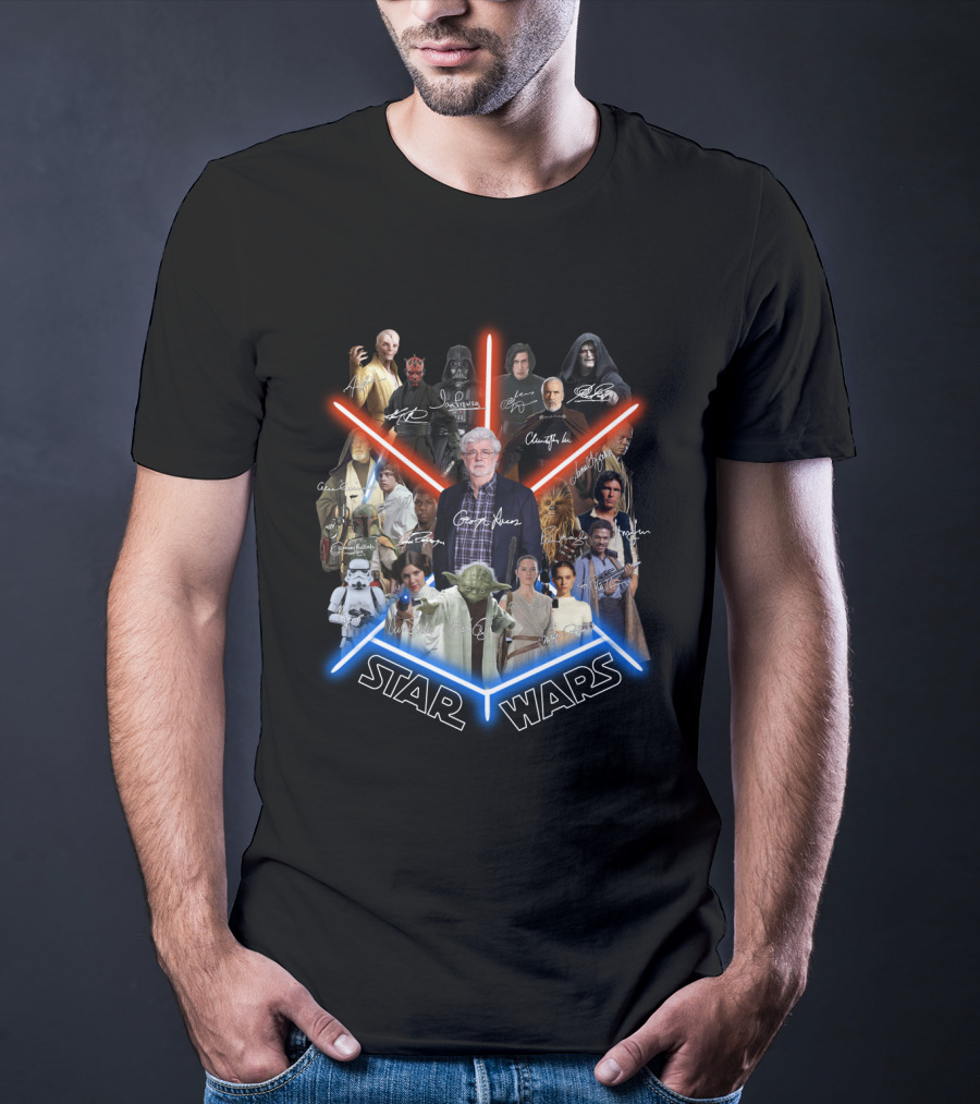 Star Wars George Lucas And Iconic Character Collage With Signatures T-Shirt