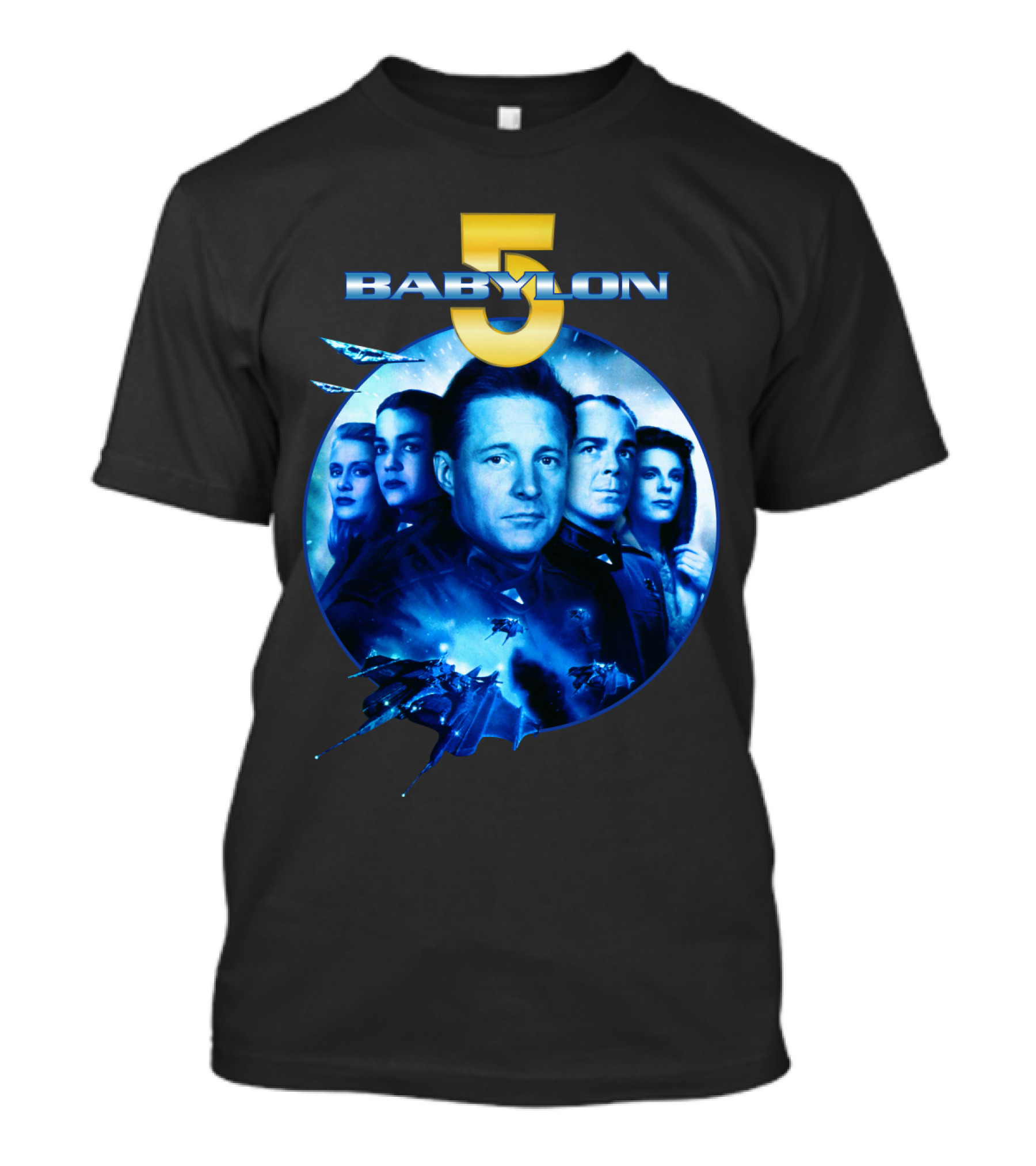 Babylon 5 Science Fiction Series Characters And Spaceship T-Shirt