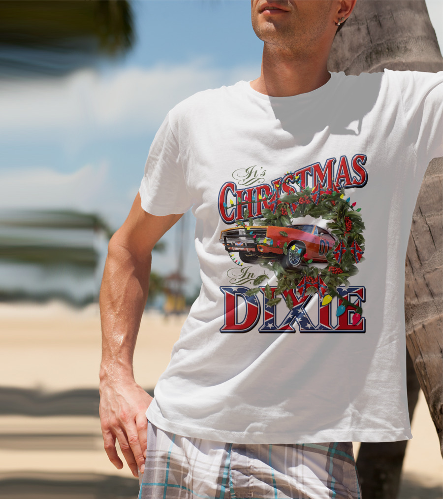 It's Christmas In Dixie 01 General Lee Car Wreath Lights T-Shirt