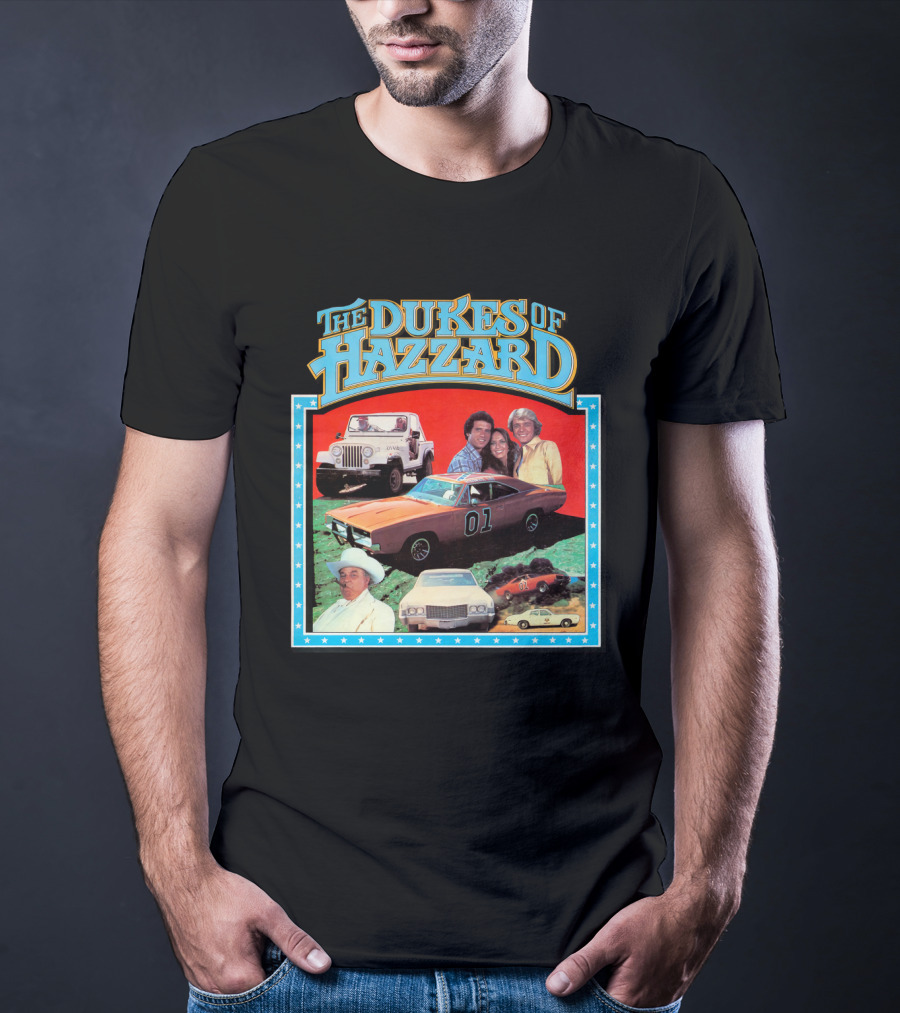 The Dukes Of Hazzard 01 Car And Characters With Jeep And Cowboy Hat T-Shirt