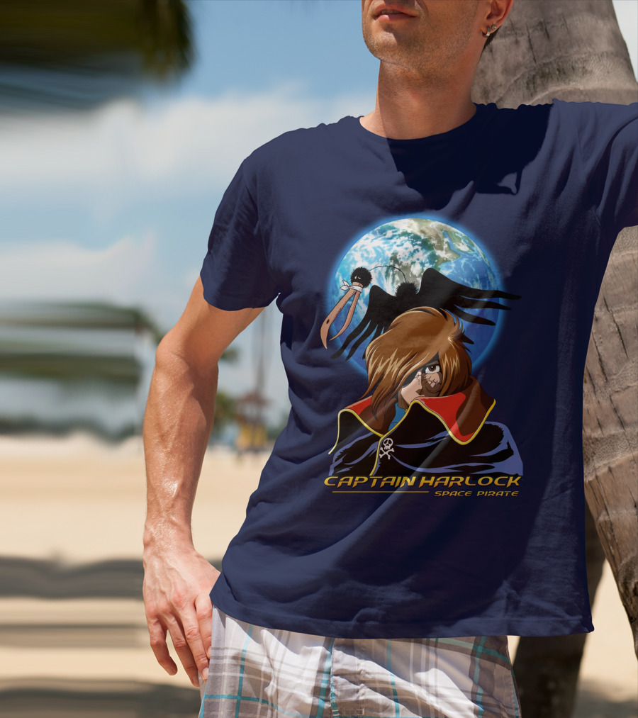 Captain Harlock Space Pirate Anime Icon With Earth And Black Bird T-Shirt