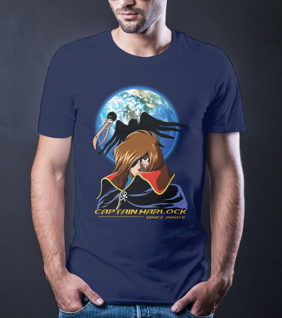 Captain Harlock Space Pirate Anime Icon With Earth And Black Bird T-Shirt