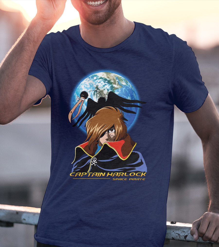 Captain Harlock Space Pirate Anime Icon With Earth And Black Bird T-Shirt