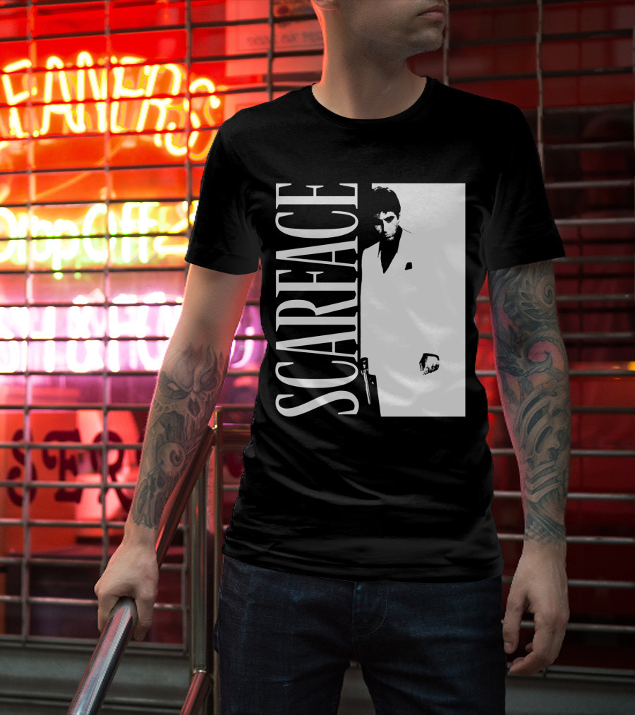 Scarface White Suit Black Background Iconic Movie Image T-Shirt