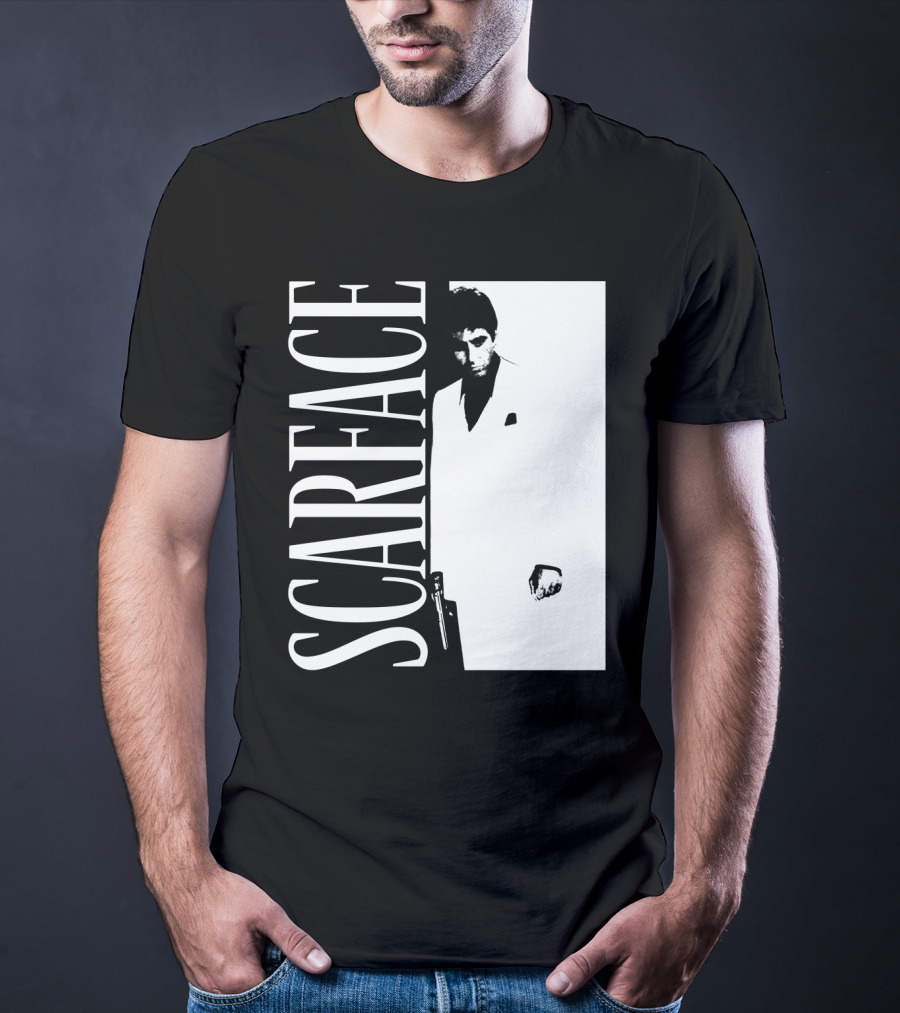 Scarface White Suit Black Background Iconic Movie Image T-Shirt