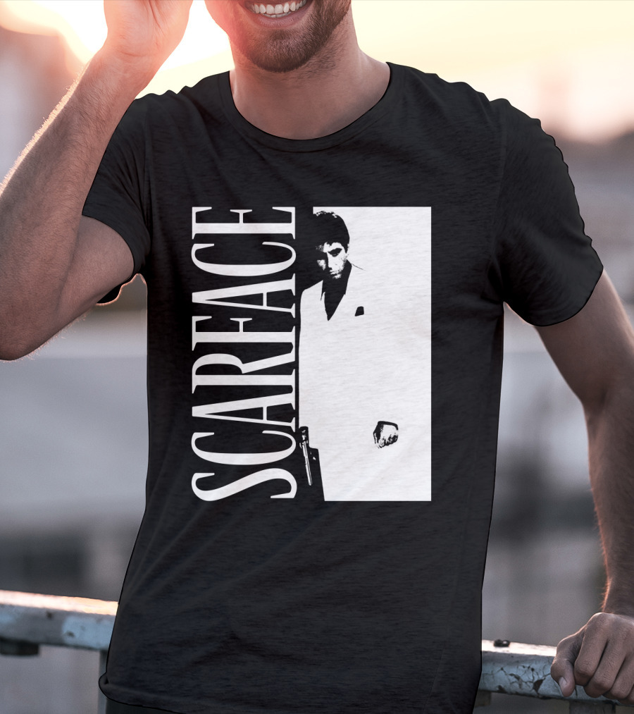 Scarface White Suit Black Background Iconic Movie Image T-Shirt