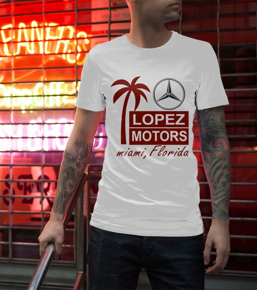 Lopez Motors Miami Florida Scarface Palm Tree Mercedes Benz Star T-Shirt